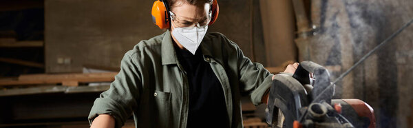 A skilled carpenter works diligently, wearing safety gear while crafting wood in a vibrant workshop environment.