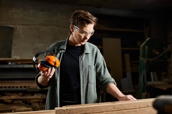 The female carpenter focuses intently on shaping wood, surrounded by tools and timber in her workshop.