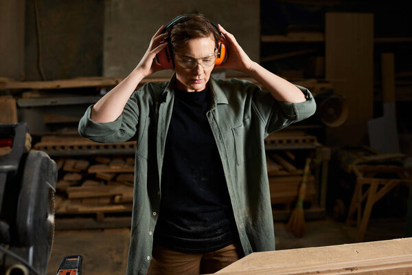A skilled female carpenter puts on protective gear, ready to craft wood in a vibrant workshop full of tools.