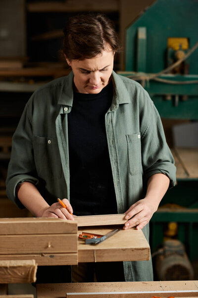 A skilled carpenter carefully measures wooden pieces at her workstation, focusing intently on her craft.