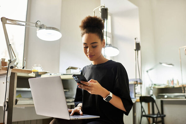 A skilled artisan creates exquisite jewelry while checking her phone, focused on her craft.