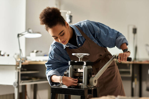 The skilled artisan shapes jewelry with specialized tools in her creative space.