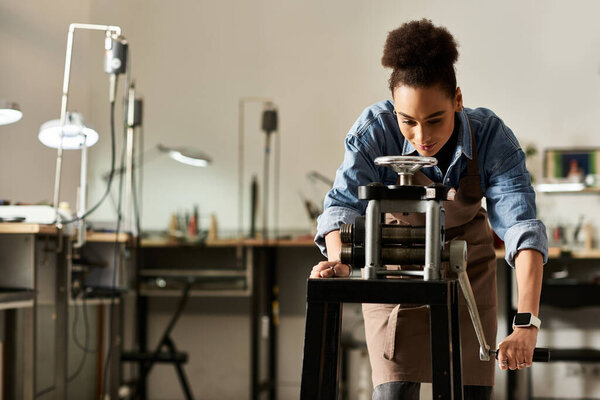 A skilled artisan carefully shapes intricate jewels, showcasing dedication in a lively workspace.