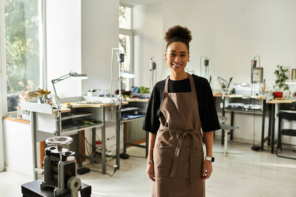 The skilled craftswoman smiles proudly in her elegant workshop surrounded by tools.