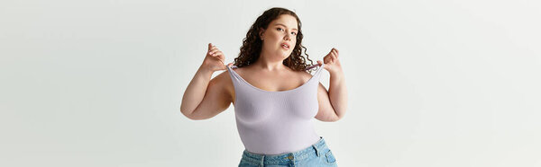 A confident young woman poses in trendy attire, highlighting her unique style and personality.