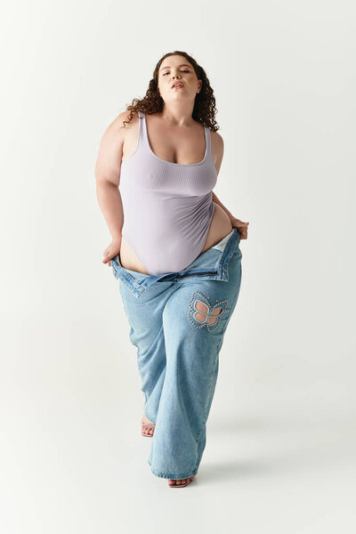 A beautiful young woman displays trendy fashion with confidence, embracing bold aesthetics.