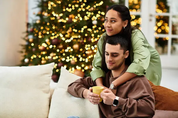 Couple Enjoys Each Other Company Beautifully Decorated Living Room Celebrating — Stock Photo, Image