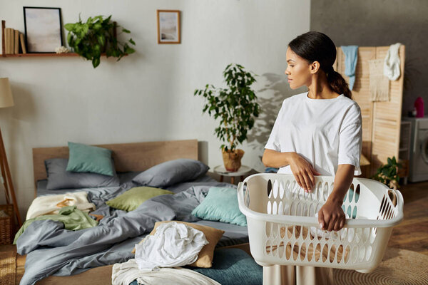 A young African American woman cleans her modern apartment, caring for her home and laundry.