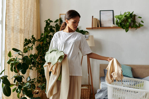 Молодая афроамериканка убирает свою комнату, разбирает белье и поддерживает свой дом..