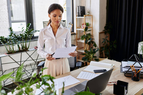 Сосредоточенная деловая женщина в белой рубашке рассматривает документы в окружении зеленых растений.