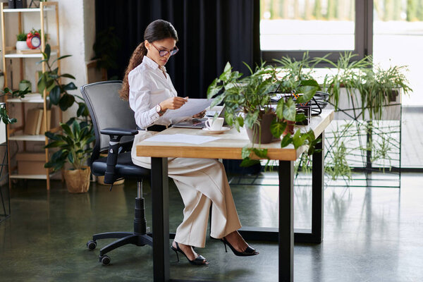 Focused businesswoman reviews documents in her stylish, plant-filled workspace during the day.