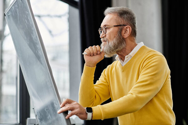 Handsome senior man engaged in a creative brainstorming session at a stylish office.