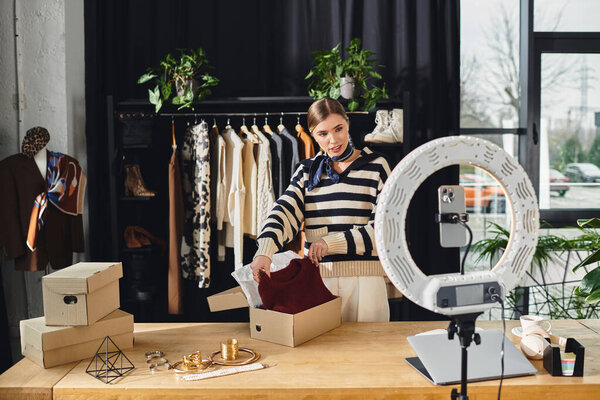 Модная молодая женщина стилизует наряды и делится своим творческим процессом со смартфоном.