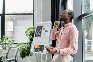 A young African American man ponders his next project in a vibrant workspace surrounded by plants. clipart