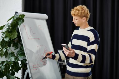 Redhead manager engages in a presentation using a whiteboard while dressed casually. clipart