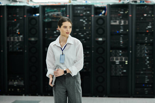 Женщина в белой рубашке активно взаимодействует с серверным оборудованием в дата-центре.