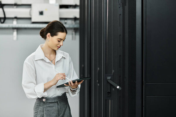 Женщина в белой рубашке умело взаимодействует с технологией в центре обработки данных.