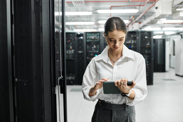Сосредоточенная женщина работает над своим планшетом в тихой серверной комнате, обеспечивая бесперебойную работу.