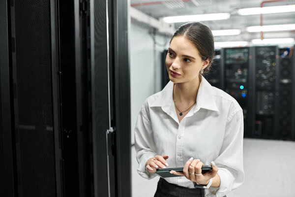 Женщина в белой рубашке усердно работает над обслуживанием серверов в высокотехнологичном здании.