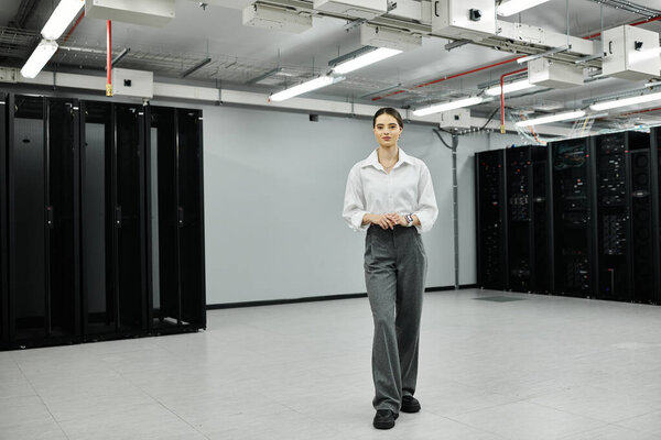 Женщина в белой рубашке уверенно работает в гладкой серверной, управляя технологией.