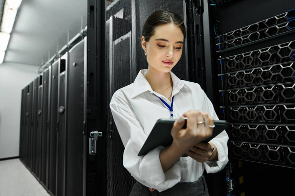 Опытная женщина в белой рубашке управляет серверными системами в профессиональной обстановке.