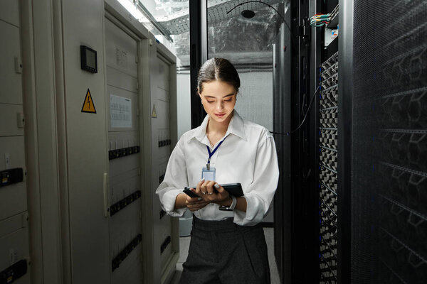 Специалист по информационным технологиям работает над обслуживанием серверов в современном центре обработки данных.