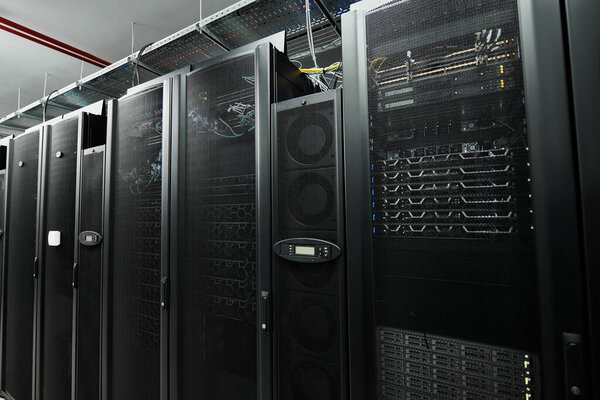 Advanced server room with high-tech hardware supporting cloud computing activities.