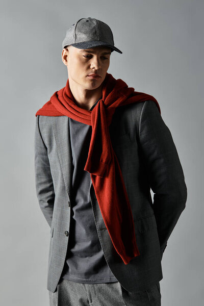 Молодой человек демонстрирует современную моду с кепкой и шарфом, давая расслабленную, но сложную атмосферу.