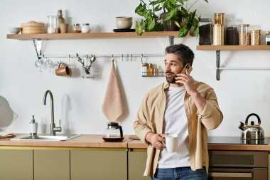 In a stylish kitchen, a handsome man talks on the phone with a calm demeanor, enjoying his coffee. clipart