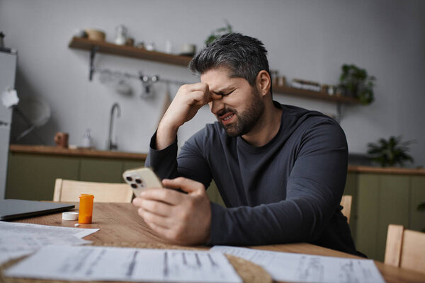 Красивый мужчина сидит за деревянным столом, напряжённый, просматривая документы и проверяя телефон.