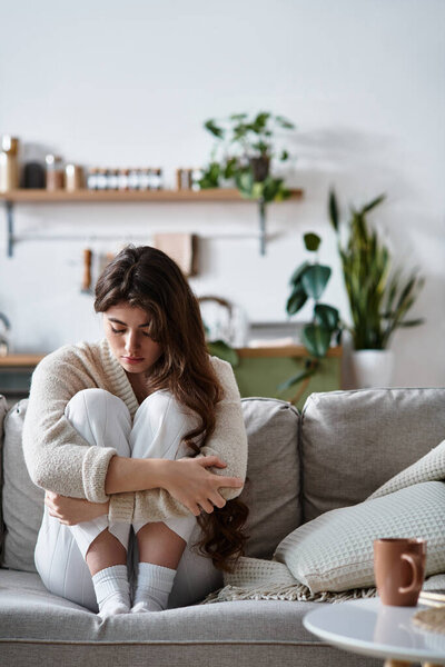 В спокойной гостиной, женщина сидит свернувшись на диване, потерявшись в мыслях и эмоциях.