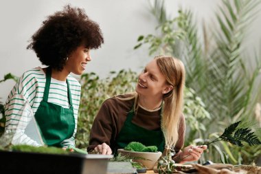 Two friends engage in a lively workshop filled with vibrant plants and succulents, sharing smiles. clipart