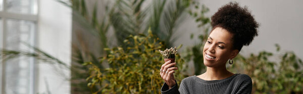 Appealing smiling woman in stylish attire in a vibrant workshop.