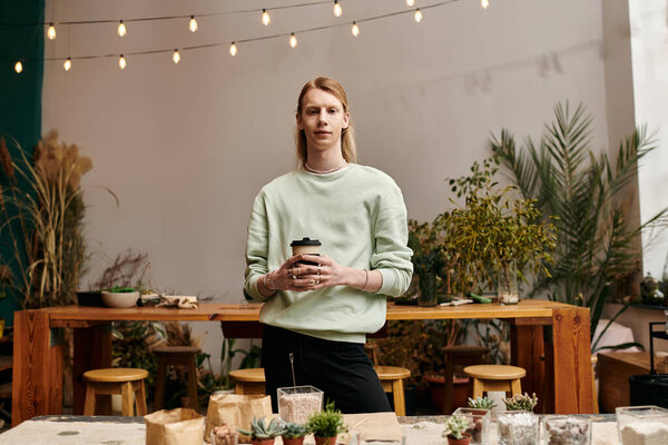 Young good looking man in stylish attire in workshop studio.