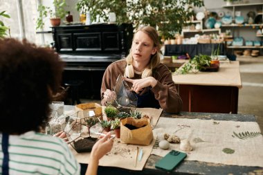 Friends passionately discuss succulent arrangements at a lively plant workshop. clipart