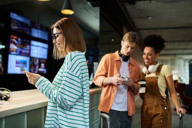Üç meslektaş, modaya uygun bir otel lobisine giriş yaparken neşeli bir sohbete girişiyor..
