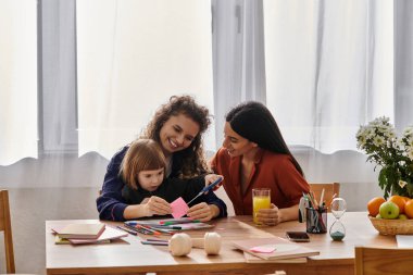 İki sevgi dolu anne evde neşeli kızlarıyla sanat ve zanaat yapıyor..