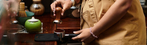 A young woman skillfully prepares coffee at a bustling cafe, showcasing her passion and charm.