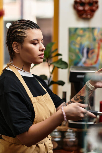 A young woman expertly prepares coffee in a vibrant cafe atmosphere.
