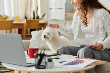 Neşeli bir kadın evinde, kanepede tüylü köpeğiyle çalışıyor..