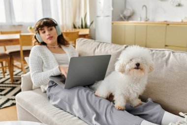 Kulaklık takan genç bir kadın kanepede oturuyor, dizüstü bilgisayarına odaklanmış, yanında bir köpekle..