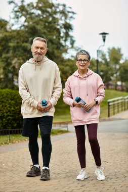 A mature loving couple walks hand in hand through a scenic park, sharing smiles and laughter. clipart