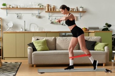 Şık bir dairede, spor kıyafetli genç bir kadın spor yapıyor, spor salonuna odaklanıyor..