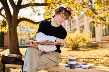 Young man sits on a bench, studying with a notebook, enjoying the warmth of autumn sunlight. clipart