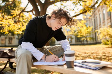 A young man intently writes in a notebook while enjoying the warm sunshine and autumn leaves. clipart