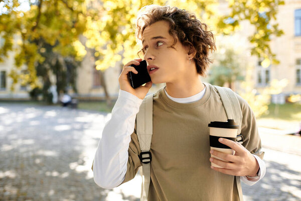 Young fashionable man is talking on the phone while holding a coffee cup outside in the sunlight.