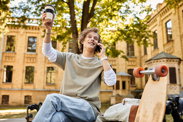 A trendy young man with curly hair chats on his phone while sipping coffee on a bench.