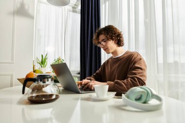 Kahverengi kazaklı genç adam parlak ve modern bir yaşam alanında dizüstü bilgisayarına odaklanıyor..