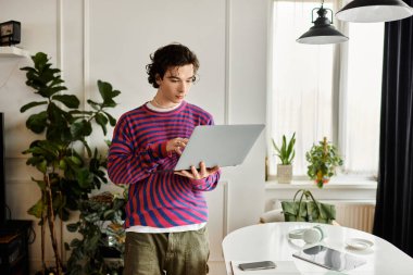 Kıvırcık saçlı, ikili olmayan öğrenci, bitkilerle dolu, modern, canlı bir dairede dizüstü bilgisayara odaklanıyor..