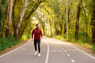 Yakışıklı, dövmeli bir adam dolambaçlı bir yolda yürüyor. Etrafı canlı sonbahar ağaçlarıyla çevrili..